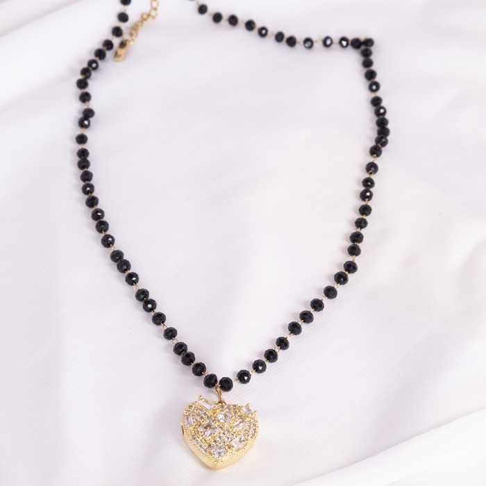 Çelik Top Siyah Zincir Detaylı Gold Kalp Kolye