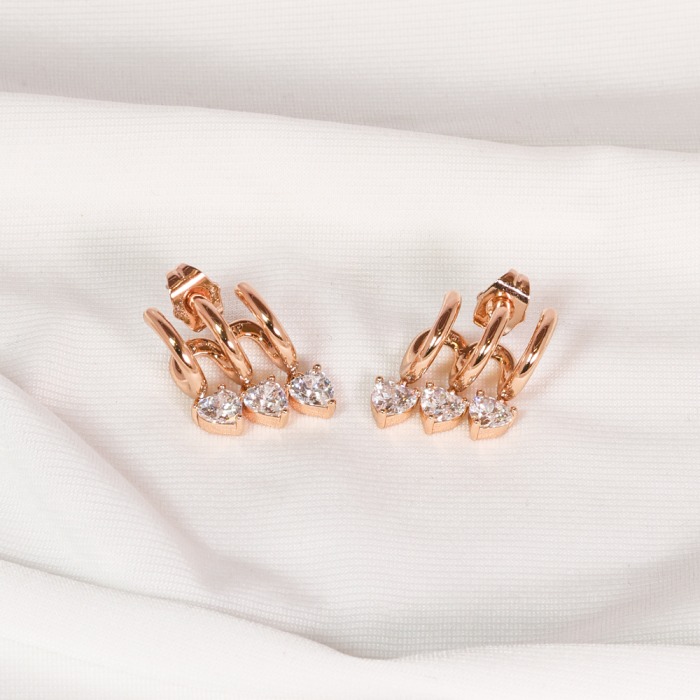 Premium Kalp Detaylı Rose Gold Üçlü Küpe