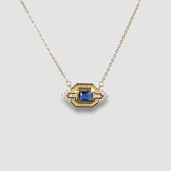 Premium Mavi Taşlı Gold Kolye
